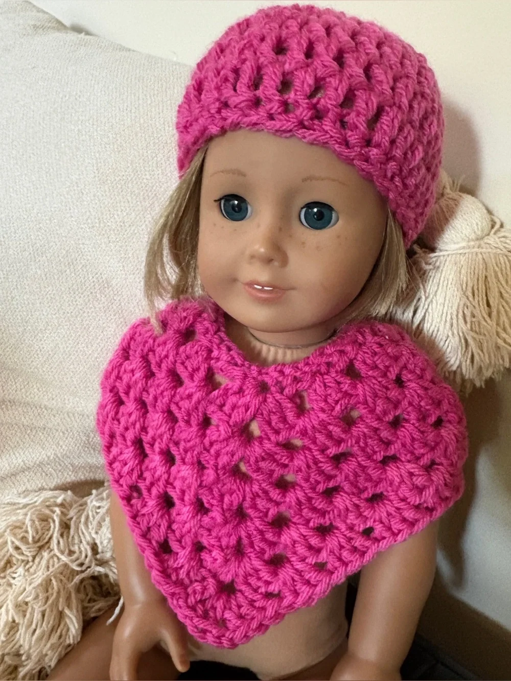 Pink Crochet Doll Hat and Poncho Set - Kids Toys